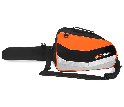 Orange and black YARDMARIS chainsaw bag with reflective silver trim and shoulder strap