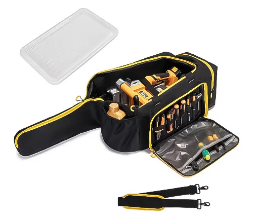 Open chainsaw bag with yellow accents, tool pockets, a clear plastic tool case, and a detachable yellow strap