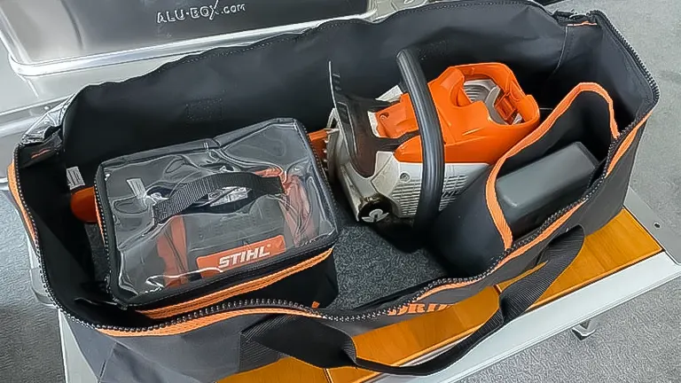 Open chainsaw carry bag with a bright orange and gray chainsaw, spare parts, and a clear plastic case with tools, displaying organized compartments