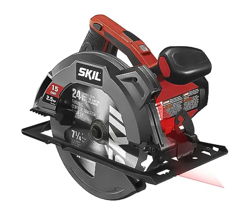 SKIL circular saw with a red and black design, 15-amp motor, and 7 1/4 inch blade with laser guide