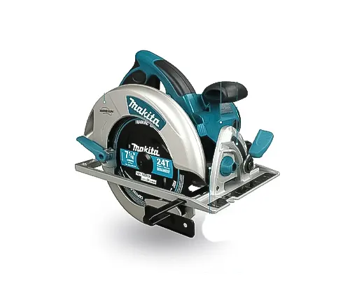 Makita circular saw with a teal and silver design, 7 1/4 inch blade, and 24-tooth count