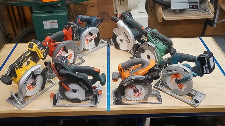 Assortment of various branded circular saws on a workshop table, showcasing different models and sizes