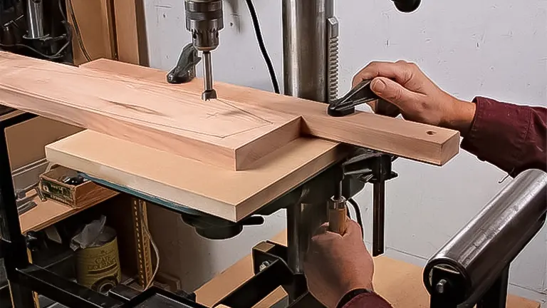 Person using a drill press to bore into a wooden plank in a workshop