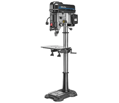 A Delta floor drill press with an adjustable table and complex control panel