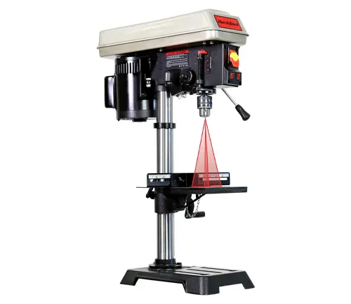 A benchtop drill press with a laser guide and red and black coloring from the brand Woodpeckers