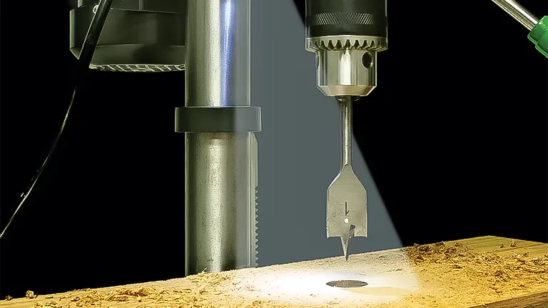 Close-up of a drill press with a spade bit drilling into wood, with focused lighting on the work area