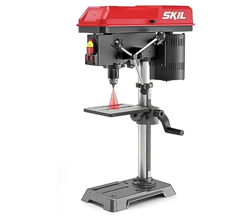 A red and gray SKIL benchtop drill press with a laser guide and adjustable work table