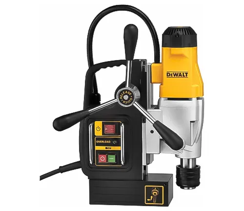 A DEWALT magnetic drill press with yellow and black coloring, featuring a compact design and an overhead handle