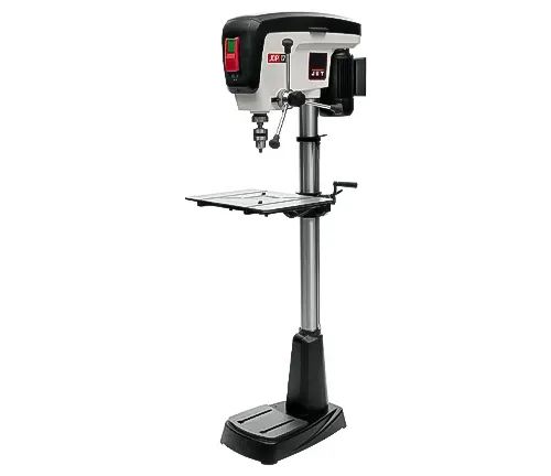 A modern floor-standing drill press with a digital speed display and a sturdy base