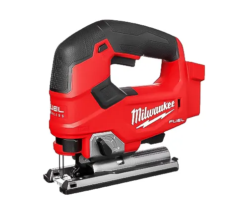 Red Milwaukee M18 FUEL cordless jigsaw with a black handle and metal base