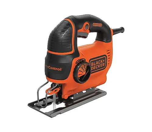 Orange and black BLACK+DECKER corded jigsaw with a curved handle