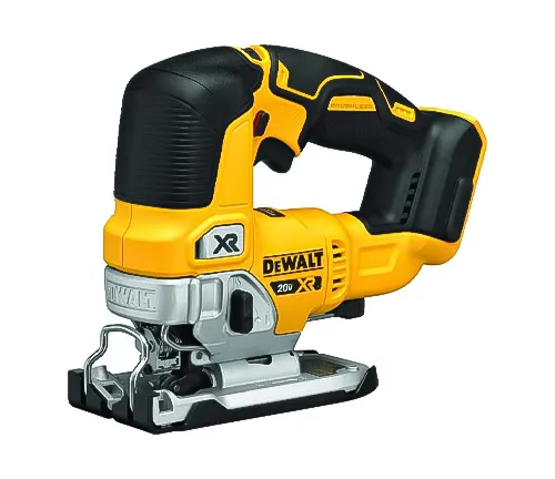 Yellow and black DEWALT cordless jigsaw with XR branding and a brushless motor