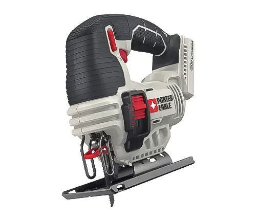 Gray and black PORTER-CABLE cordless jigsaw with red accents and a lock-on button
