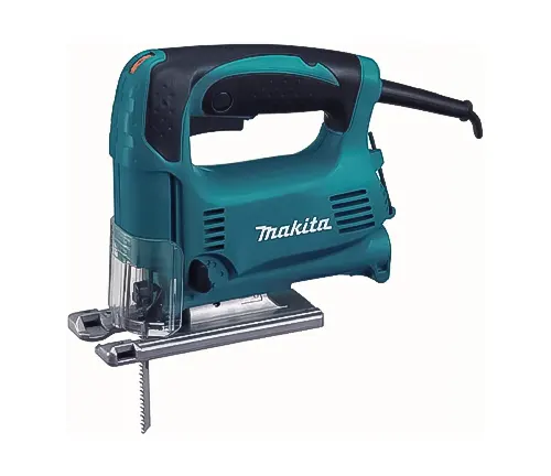 Teal Makita corded jigsaw with a black cable and clear blade guard