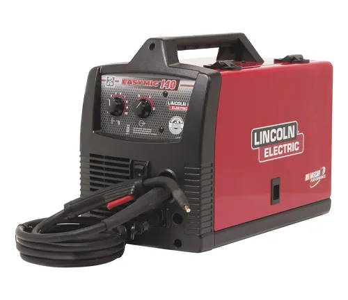 Red Lincoln Electric Easy MIG 140 welder with attached welding gun