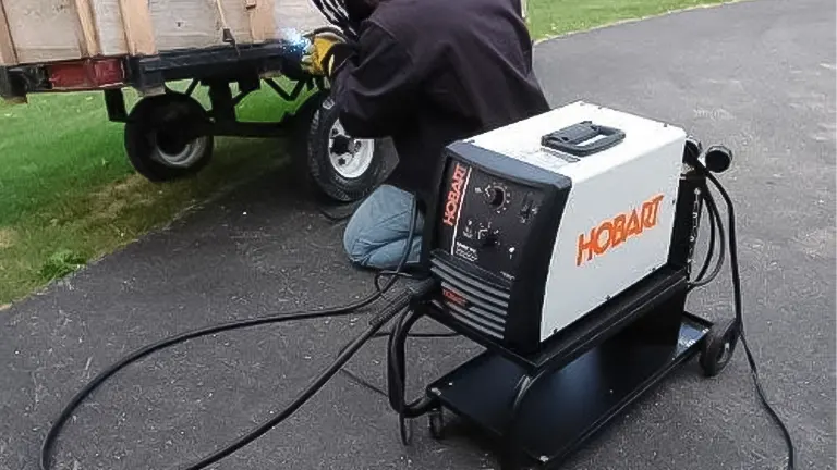 Person using a Hobart MIG welder outdoors near a trailer