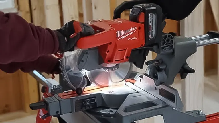 Person using a Milwaukee FUEL miter saw in a workshop