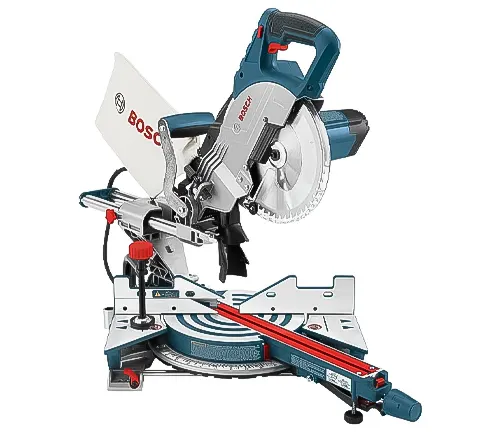 Bosch miter saw with a red and blue design, positioned on a white background