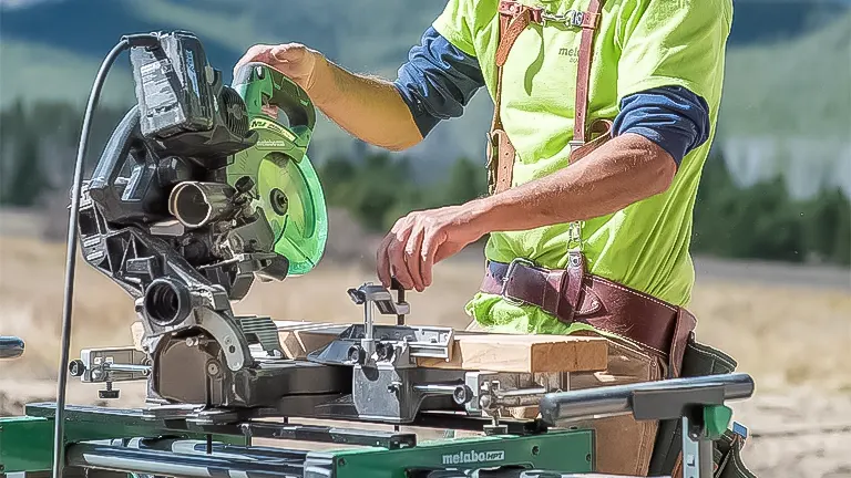 Person using a miter saw outdoors