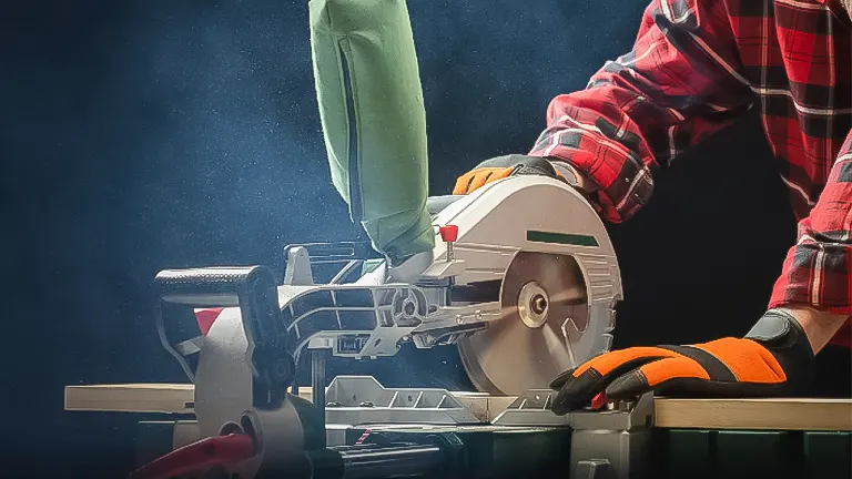 A person using a modern miter saw for precise wood cutting