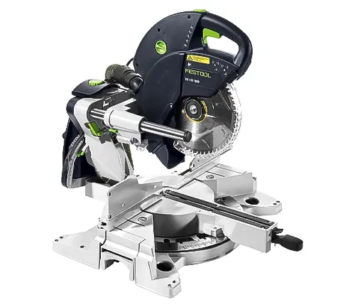 Festool miter saw with green and black design, positioned on a sturdy silver base