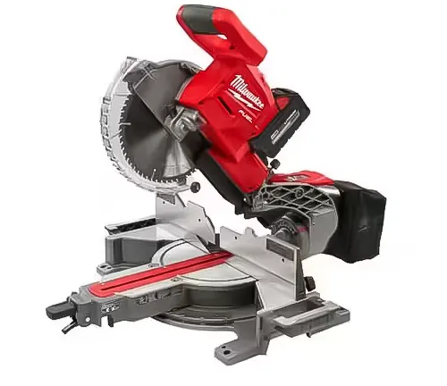Modern red and silver miter saw with sturdy base and precision blade