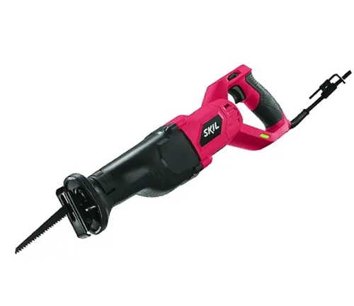 Pink and black SKIL reciprocating saw with a black cord on a white background