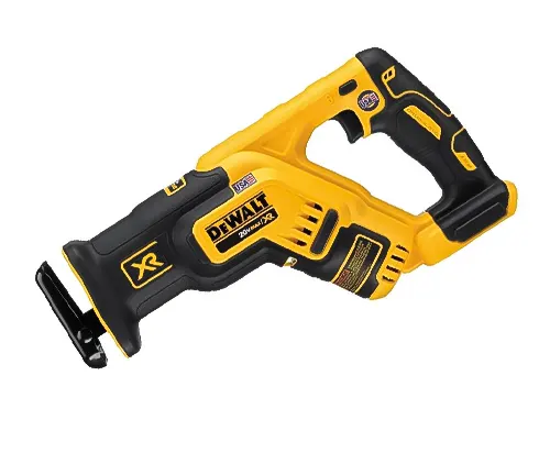 Yellow and black DEWALT cordless reciprocating saw isolated on a white background
