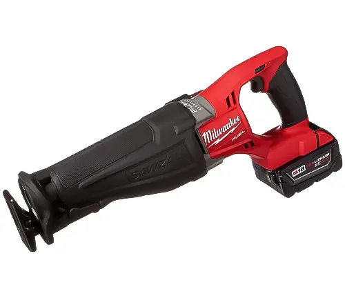 Red and black Milwaukee cordless reciprocating saw on a white background