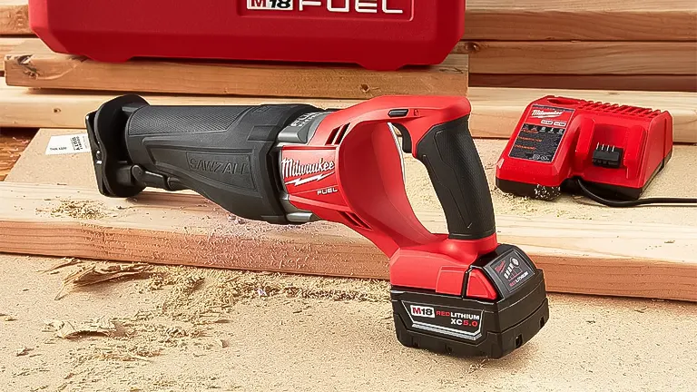 Milwaukee cordless reciprocating saw with battery and charger on a woodworking table