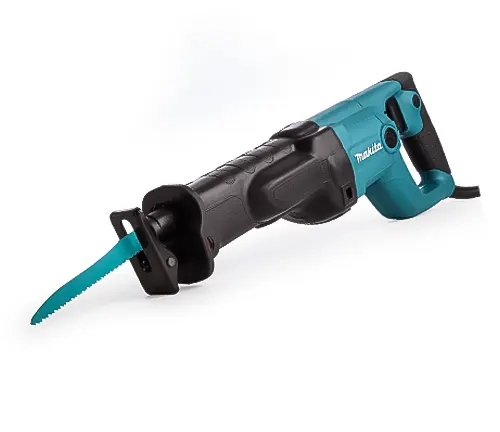 Blue and black Makita corded reciprocating saw with a blue blade on a white background