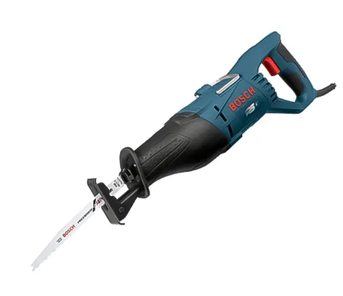 Blue Bosch electric reciprocating saw with a white blade on a white background