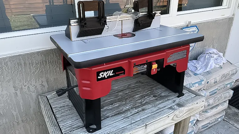 A SKIL RAS900 router table set up on a wooden bench outside, featuring a gray tabletop with a red base and dual black feather boards