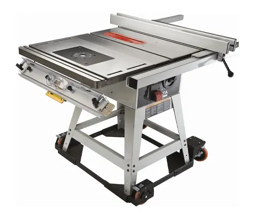 A professional-grade router table with an extended fence, built-in scales, and a sturdy base with wheels for mobility