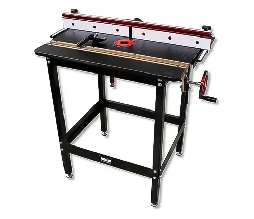 A sturdy, standalone router table with a black frame, red and black fence, and a red insert plate