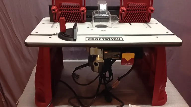 A Craftsman router table set on a red stand with dual feather boards and a clear dust collection guard above the router