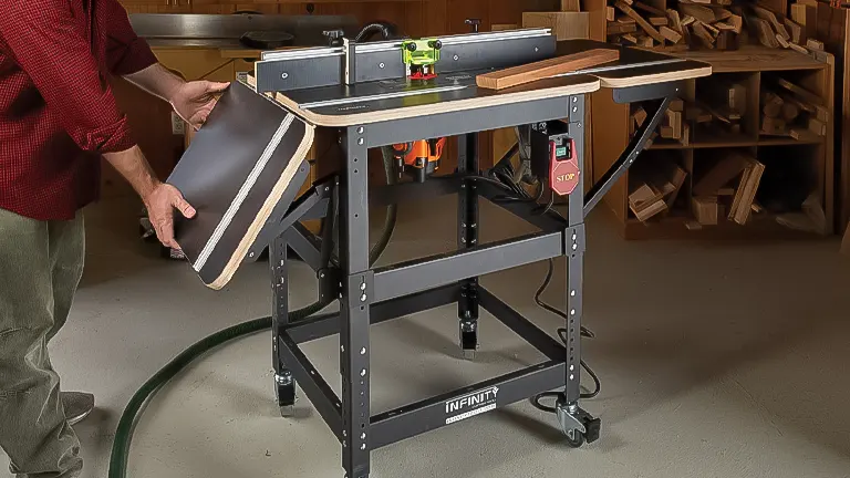 A person using a router table with a wood piece, featuring a sturdy frame, integrated safety switch, and onboard storage