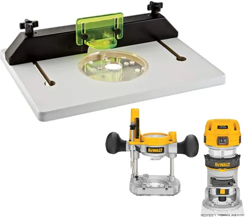 A DEWALT router with a clear base plate next to a benchtop router table with a black fence and green safety shield