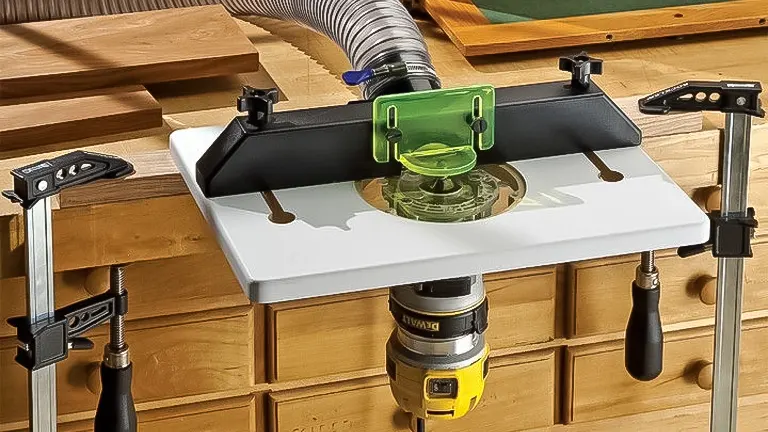 A DEWALT router mounted underneath a benchtop router table with a green safety shield and a dust extraction hose attached