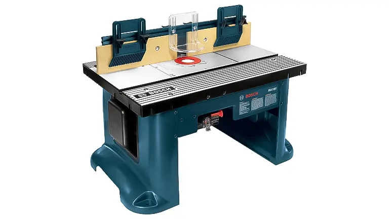 Bosch benchtop router table with dual blue featherboards and a clear bit guard