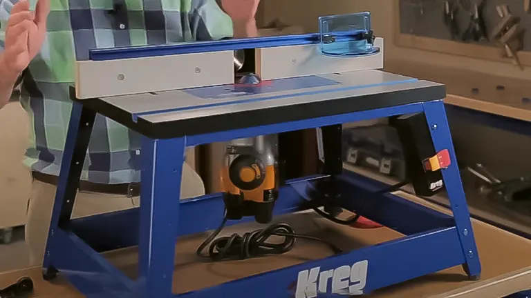 Kreg router table with a person operating, featuring a blue stand and a router in place