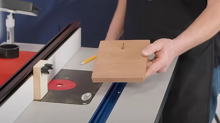 Person holding a wooden board near a router bit on a router table with an adjustable fence and a pencil