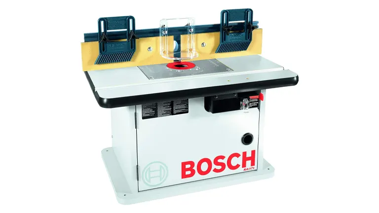 Bosch benchtop router table with triple featherboards and a clear guard