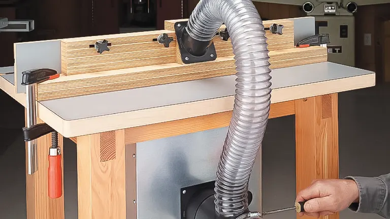 Close-up of a router table with a dust collection system and wood clamped in place
