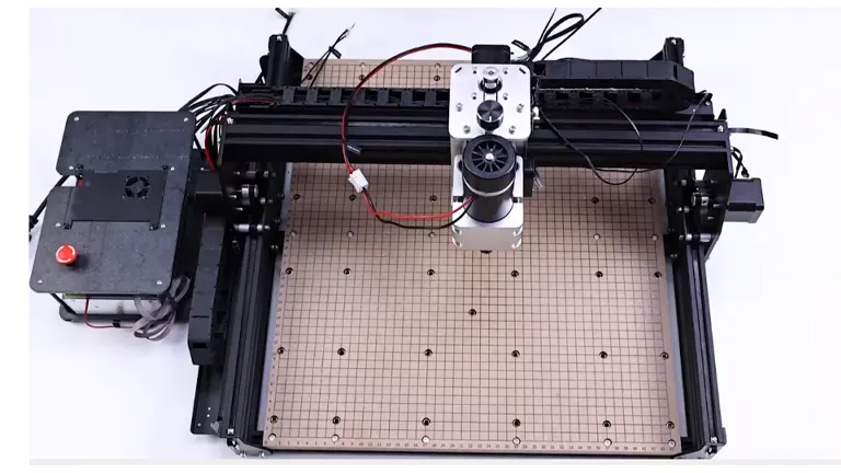Overhead view of a CNC router machine with a grid table and spindle motor