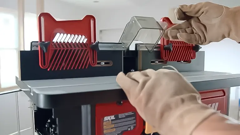 Hands adjusting a router table with red featherboards and a clear guard