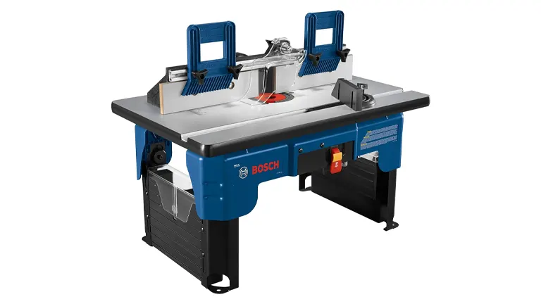 Bosch router table with dual blue featherboards and a visible bit