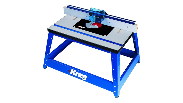 Kreg router table with blue stand and transparent bit guard
