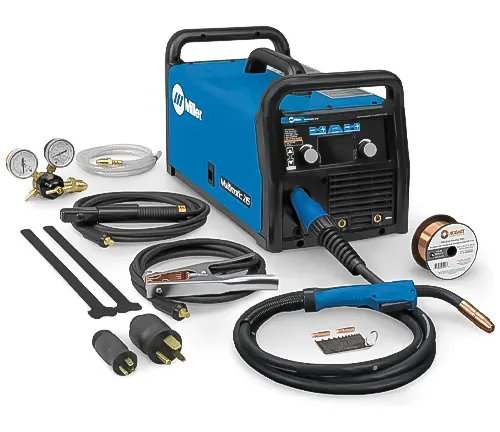 A Miller Multimatic 215 multiprocess welder with accessories, including welding gun, cables, and gauges