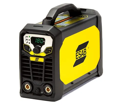 An ESAB portable stick welder with a digital display and yellow and black casing